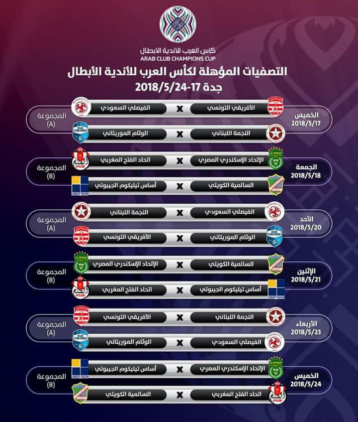 Sport News Tunisie بمشاركة النادي الإفريقي جدول التصفيات المؤهلة لكأس العرب للأندية الأبطال والتي ستقام في جدة في الفترة من 17 24 ماي Facebook