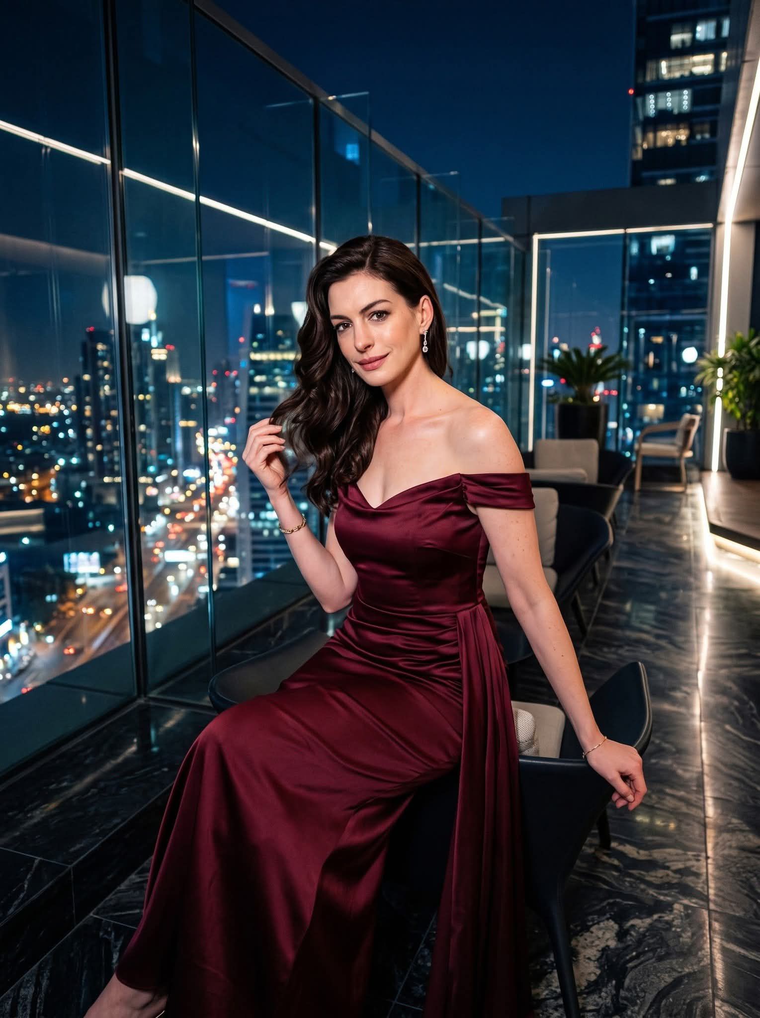 anne hathaway burgundy dress Looks Radiant in Sculptural Red With Ruffle Detail Art