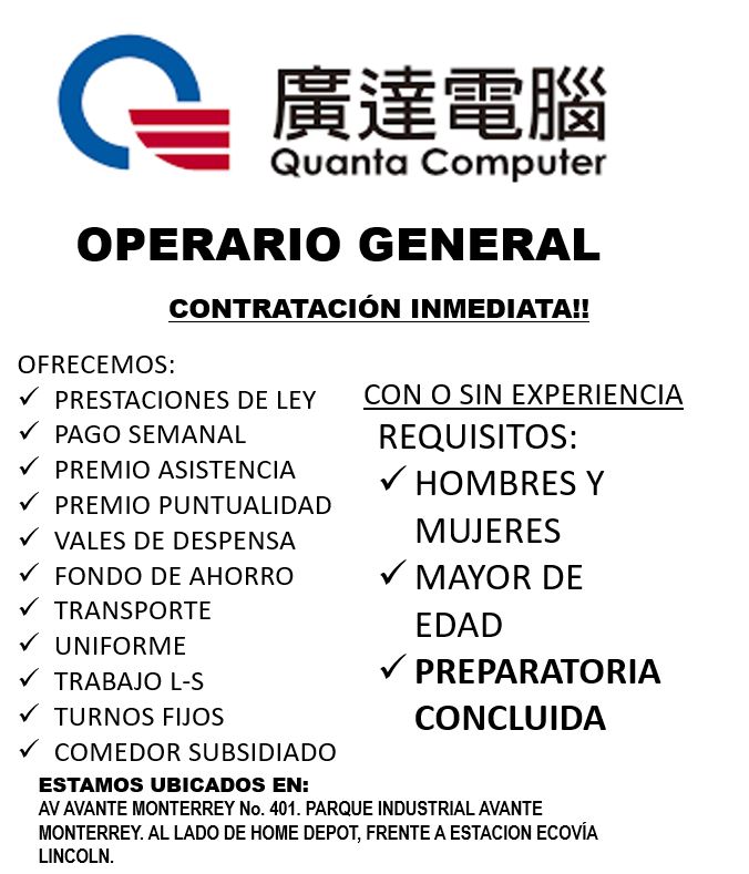 Quanta Computer - Acude con solicitud elaborada a nuestra... | Facebook
