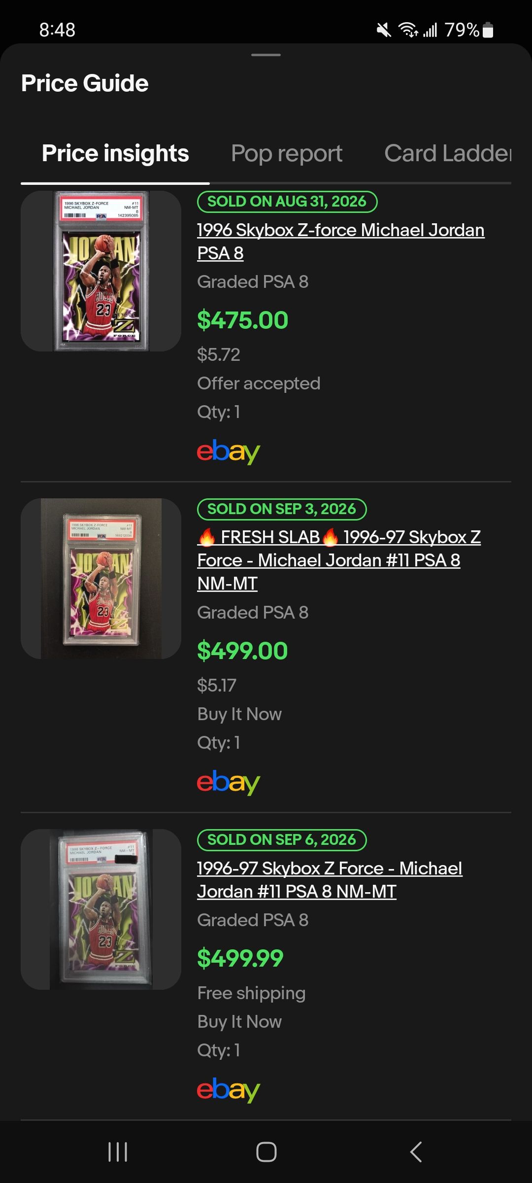 What is the current value of a 1996-97 Skybox Z Force Michael