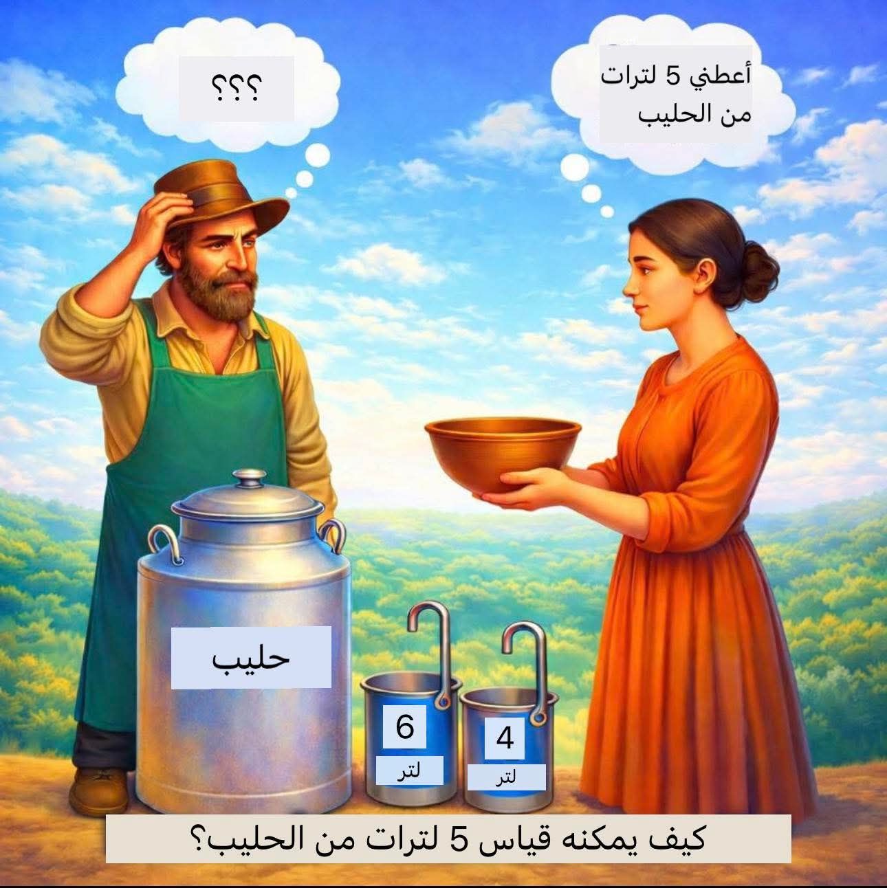 كيف يستطيع بائع الحليب بيع 5 لتر وهو يملك مقياس 4 لتر و 6 لتر فقط ...