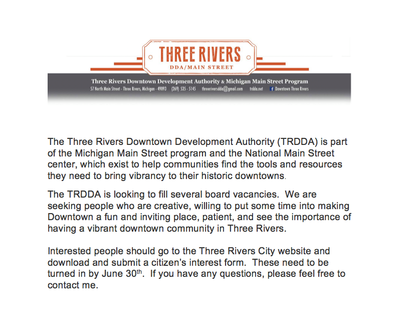 Please turn in your completed... - Downtown Three Rivers | Facebook