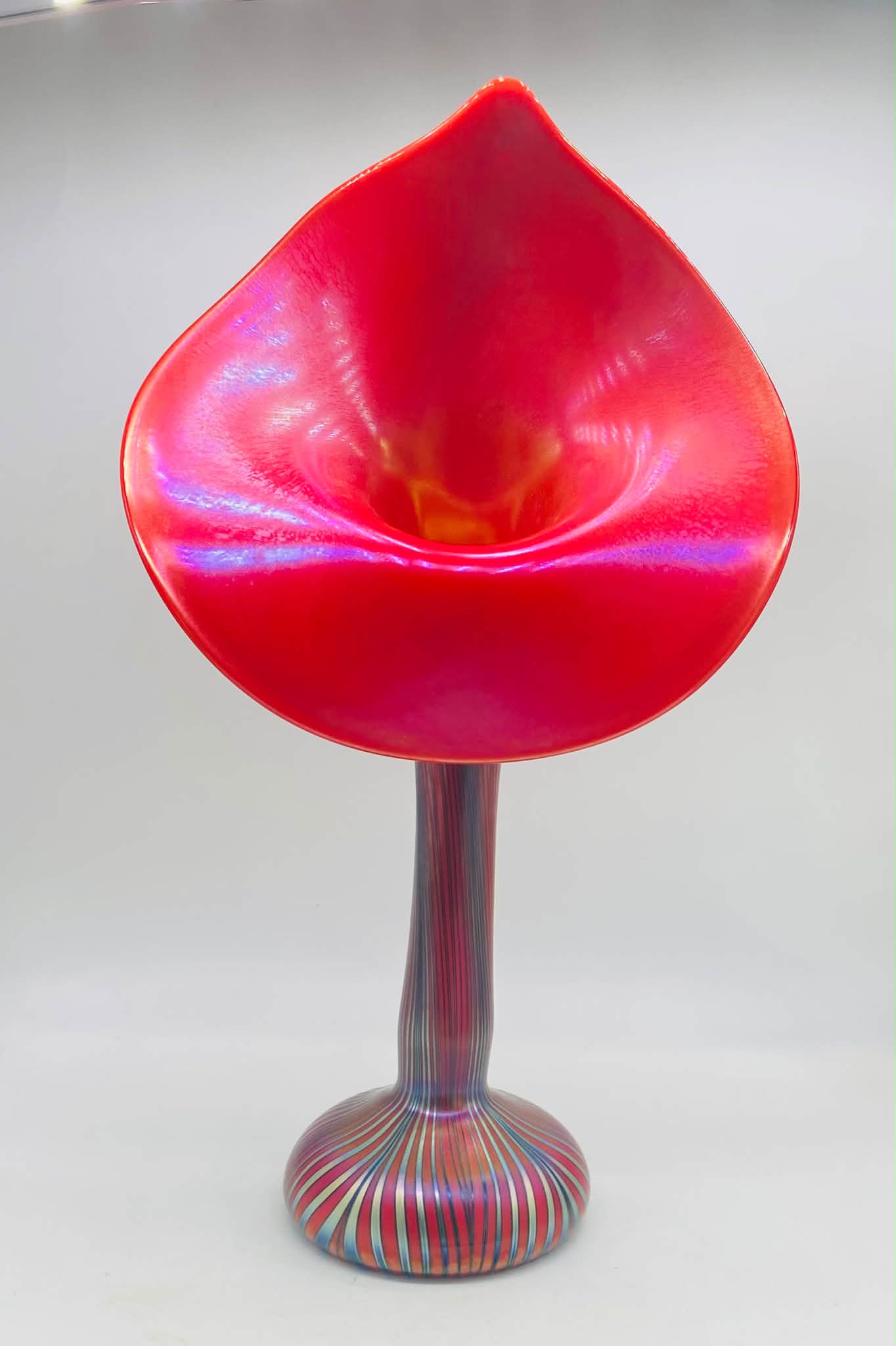 Early 1976 CHARLES LOTTON Iridescent Mandarine Red Glass Jip Vase🥰