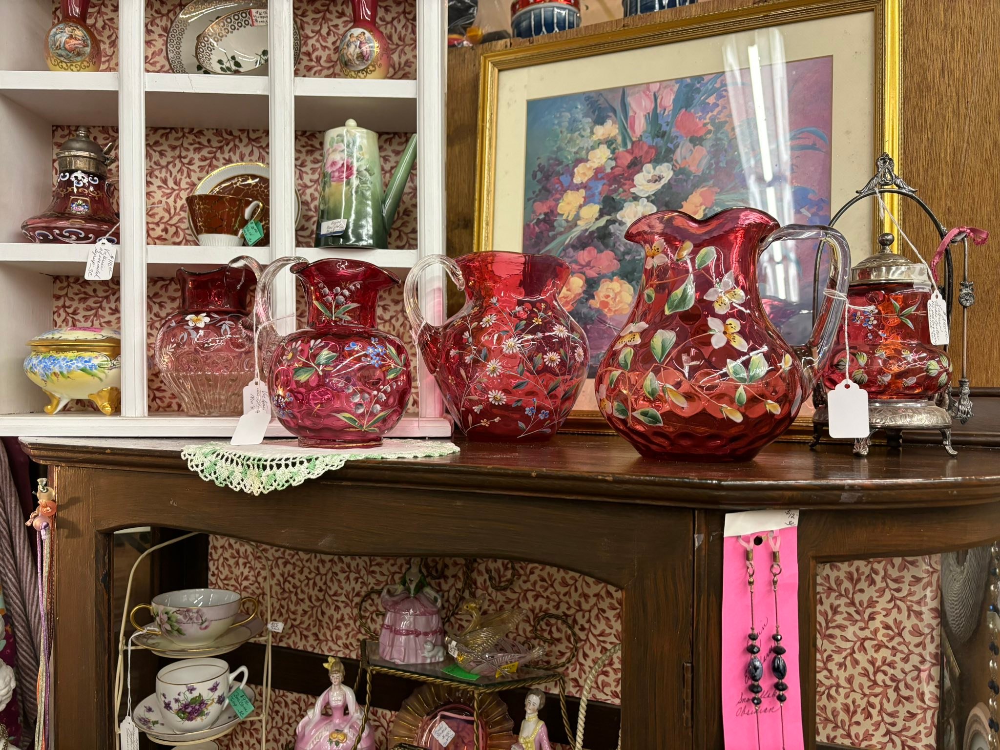 Look at the absolutely gorgeous antique enameled cranberry glass  display picture 1