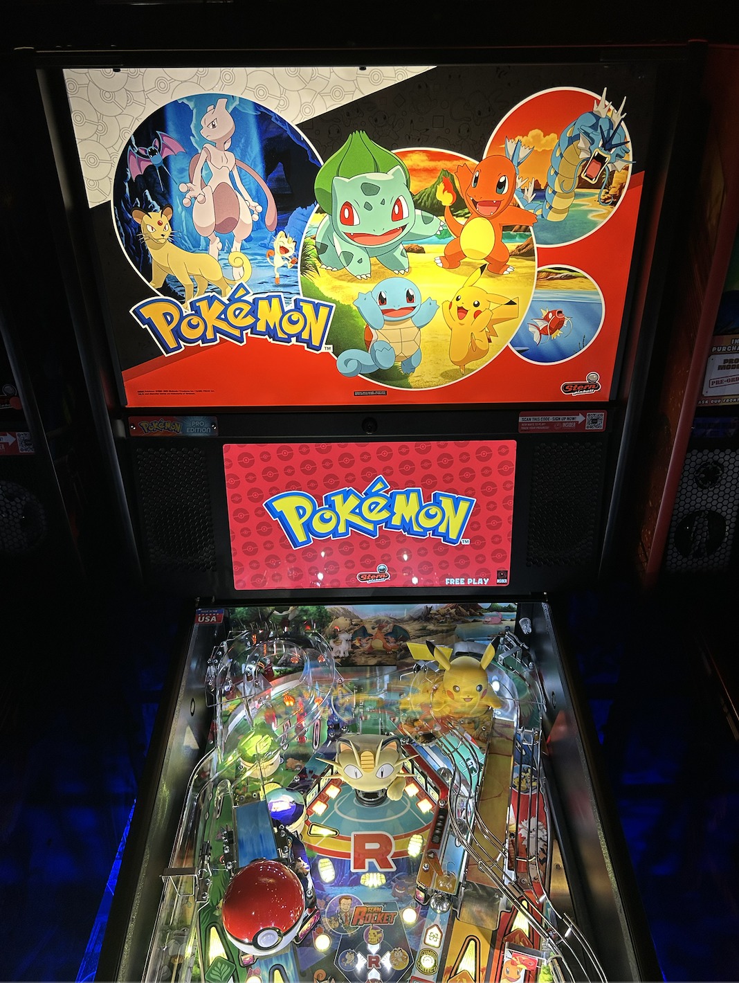 The new Pokemon Pinball by Stern has arrived Players can catch over 180 Pokemon, avoid danger from Team Rocket descending in their Meowth balloon, take on exciting rival battles, and train up