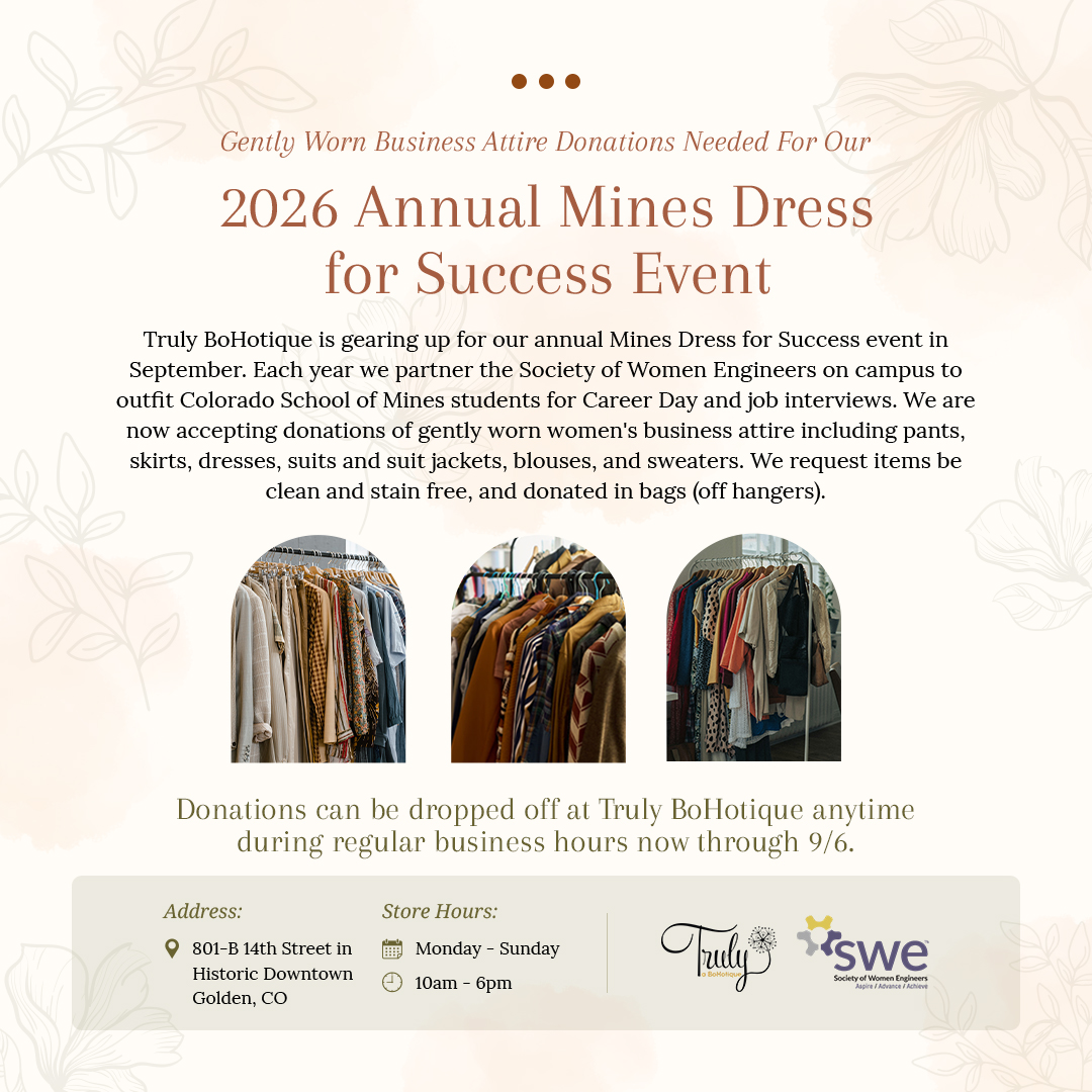 Last call for donations for our 2026 Mines Dress for Success event coming up next week. Donations can be dropped off at Truly during regular business hours through 9/6