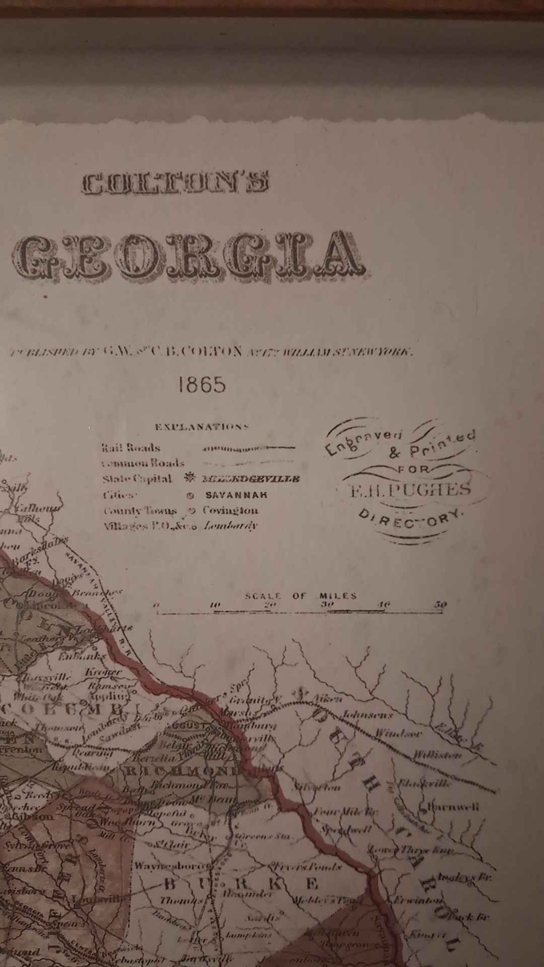 Historical 1865 map of Georgia is published by G.W. & C.B. Colton