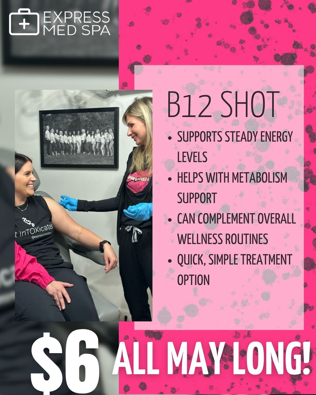 A B12 shot for $6 is one of the easiest decisions you'll make all week. We keep this one simple at Express Med Spa. Vitamin B12 supports energy metabolism, mood regulation, and