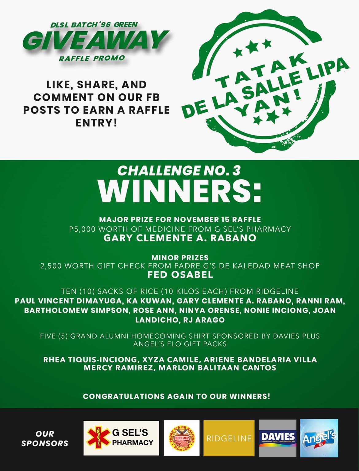 Congratulations to all our winners for the November 15 raffle. You can ...