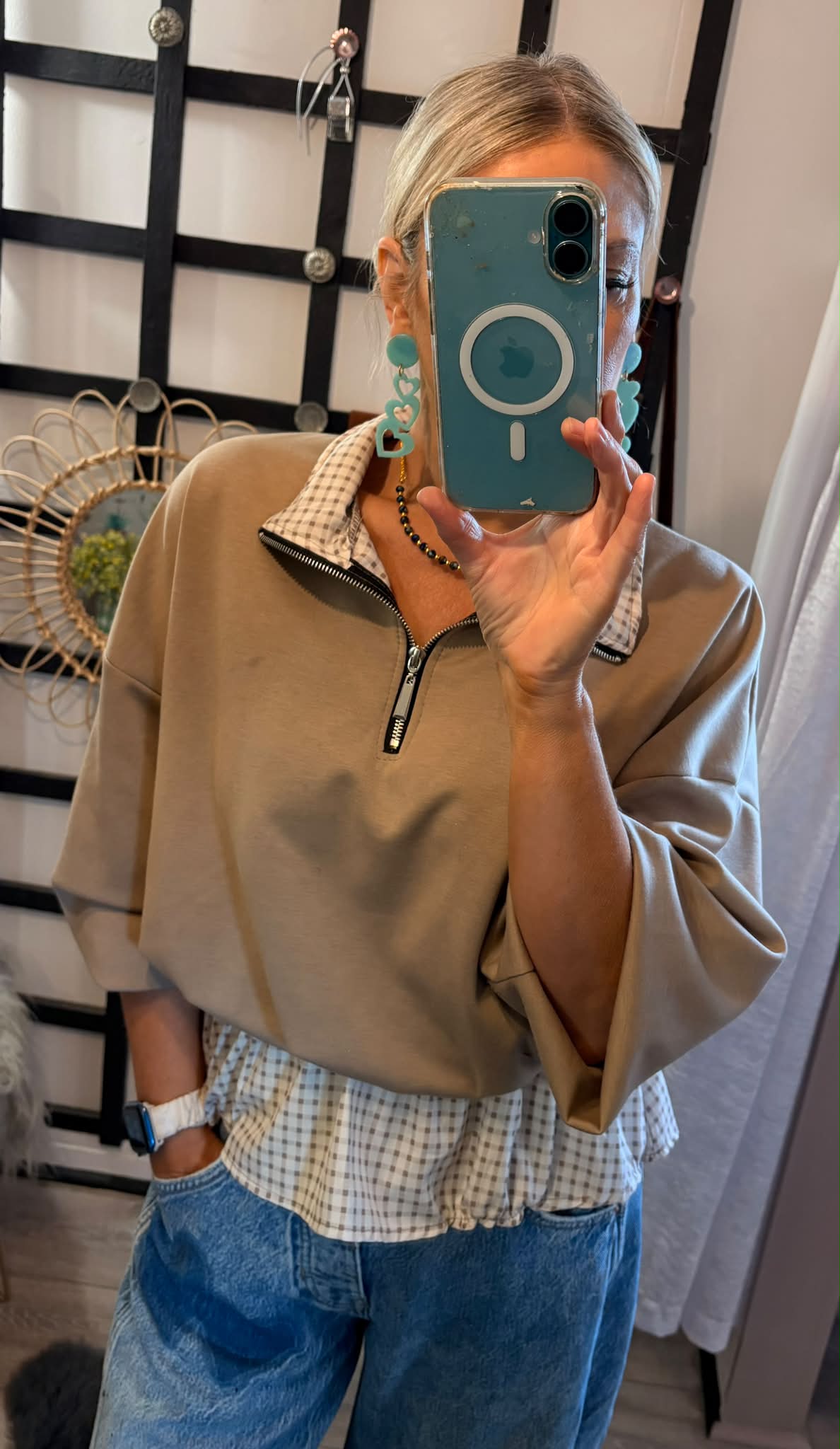 Gingham detail top with oversized sleeves and zip neckline for