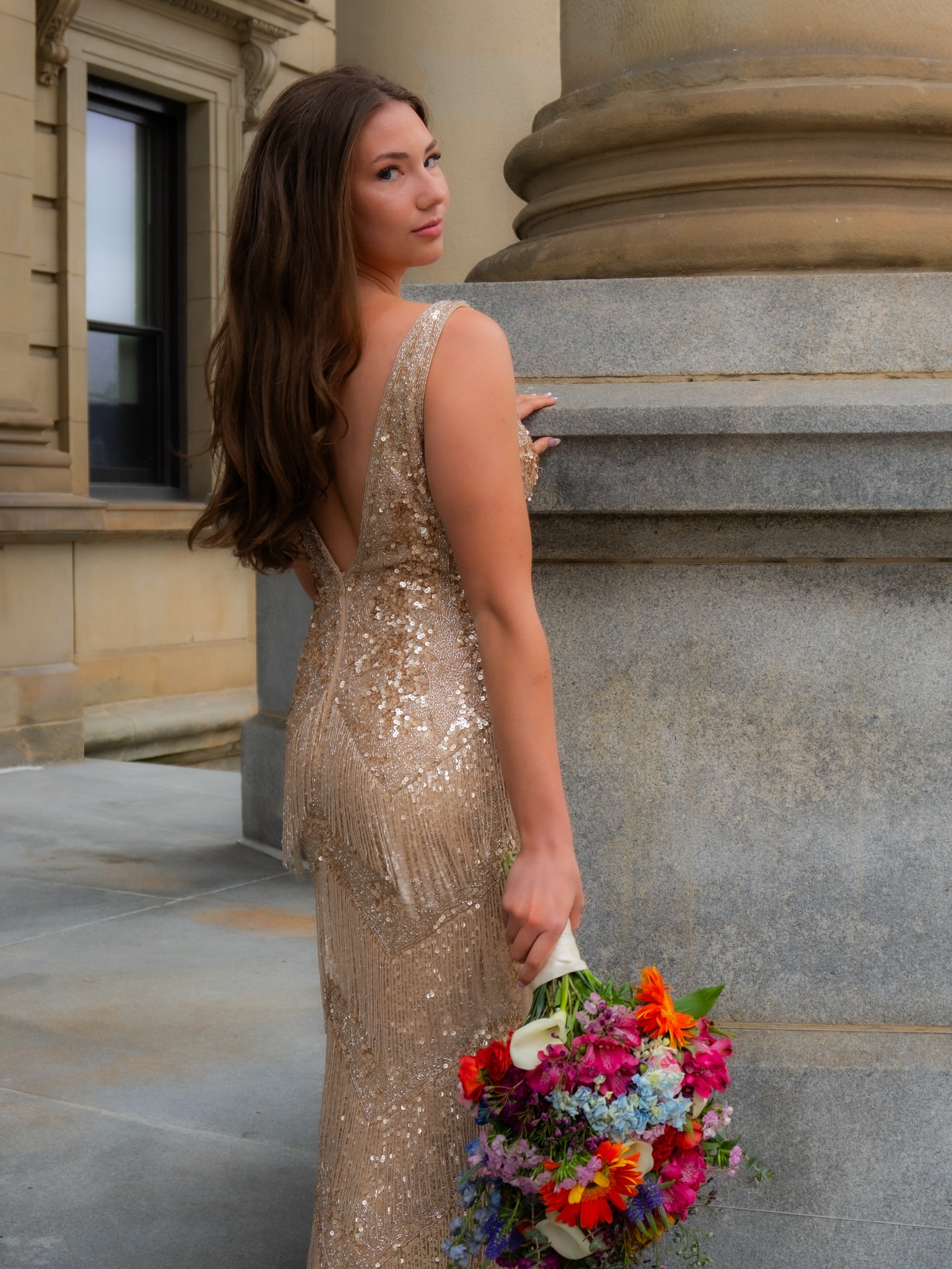 prom bouquet for gold dress Stunning look at Sorelle Bridal Salon dress_length:Mini Dresses