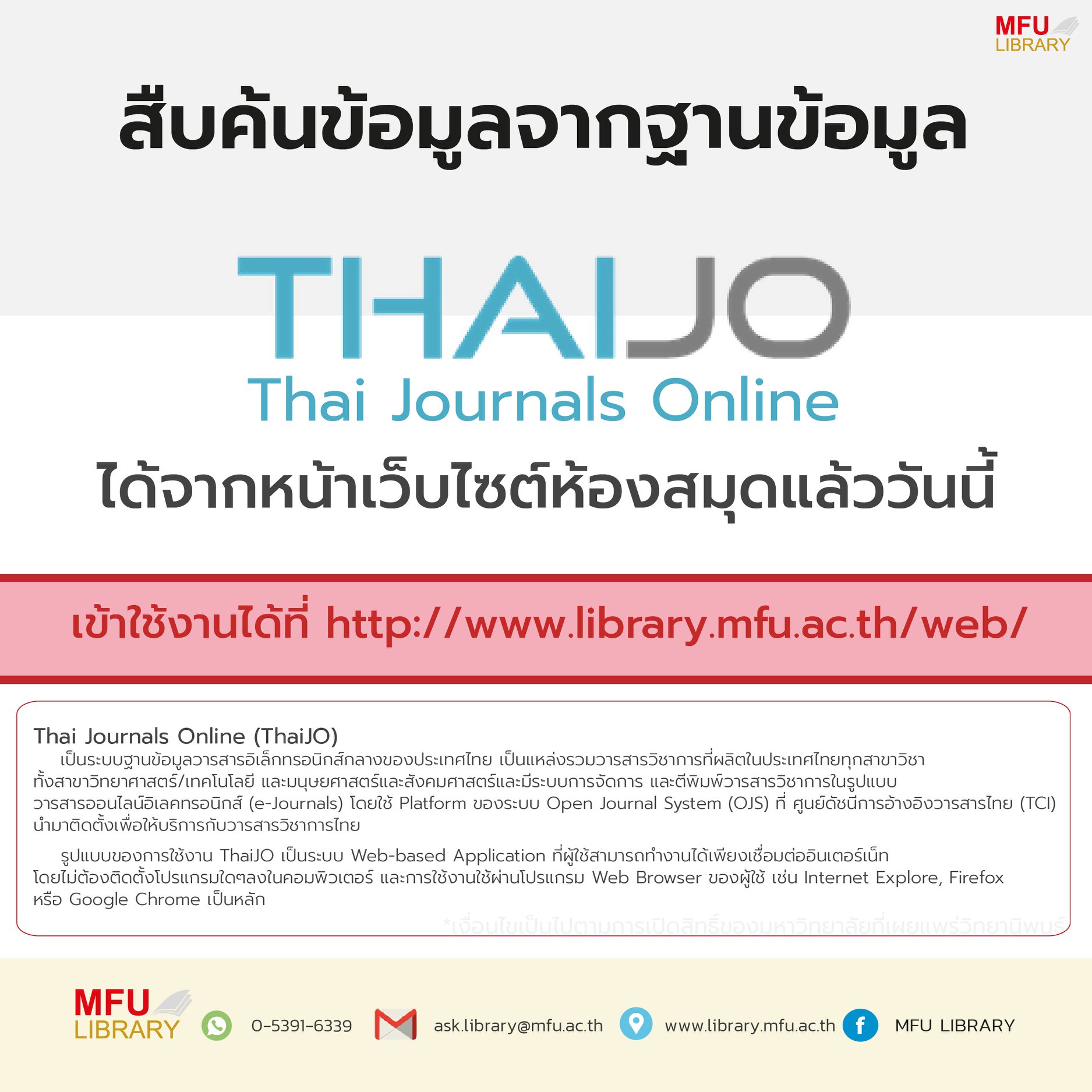 MFU Library - สืบค้นและดาวน์โหลดบทความจากฐานข้อมูล ThaiJO... | Facebook