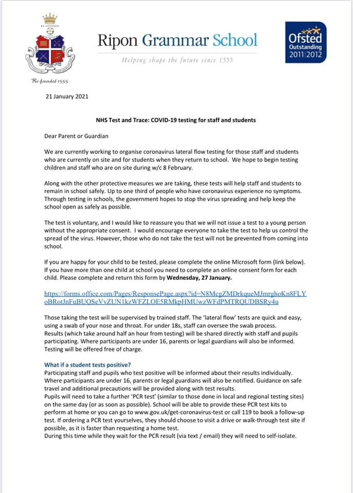 Covid-19 testing for staff and... - Ripon Grammar School | Facebook