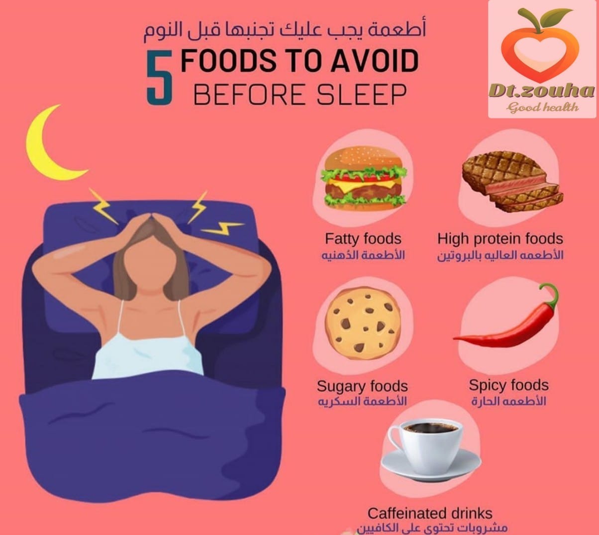Dietitian Zouha Shams Aldeen أخصائية التغذية زهى شمس الدين حتى نحصل على نوم مريح تجنب تناول المشروبات التي تحتوي على الكافيين أو مشروبات الطاقة وحتى أيضا المصادر الغير