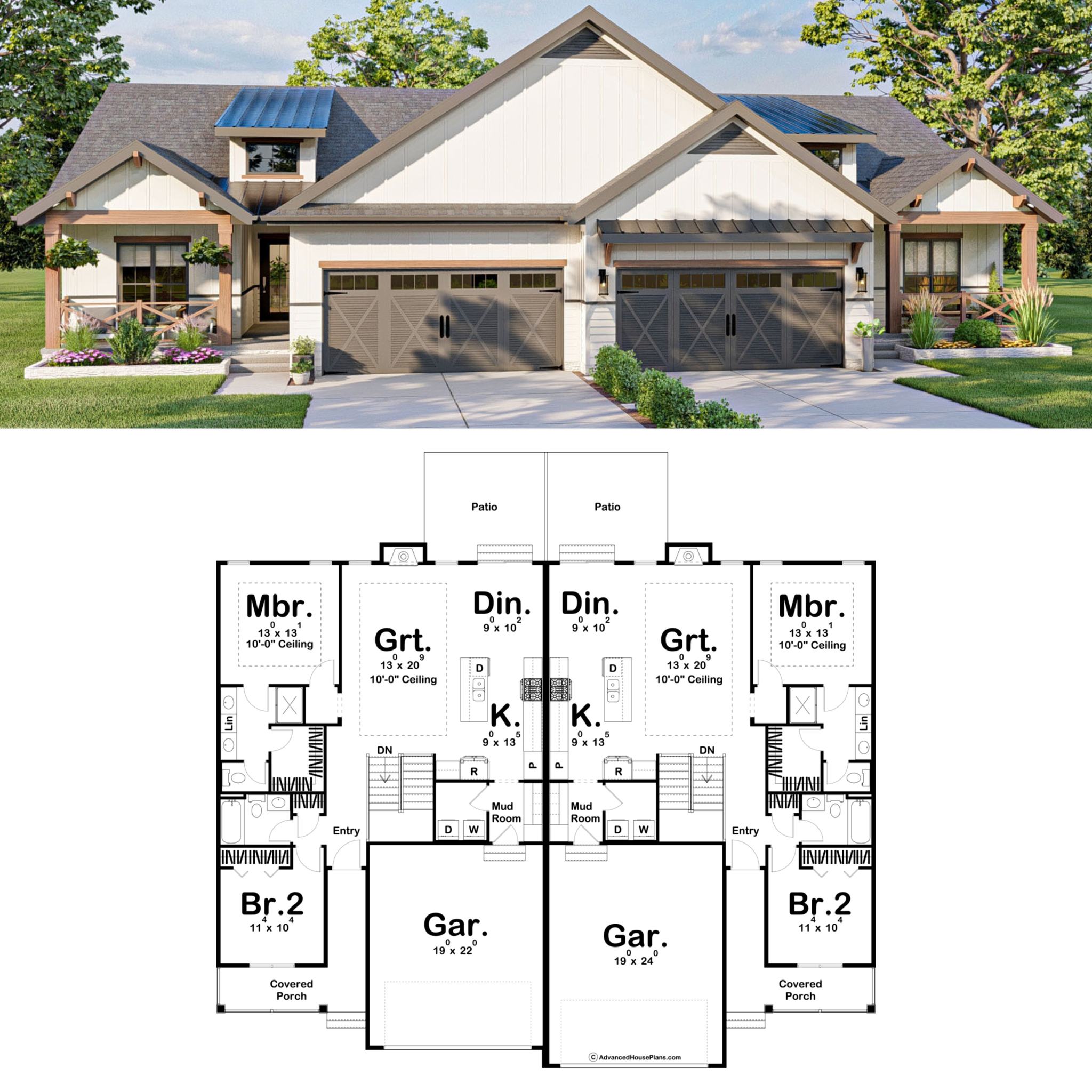 Jerry's - A modern farmhouse duplex house design, symmetrical layout ...