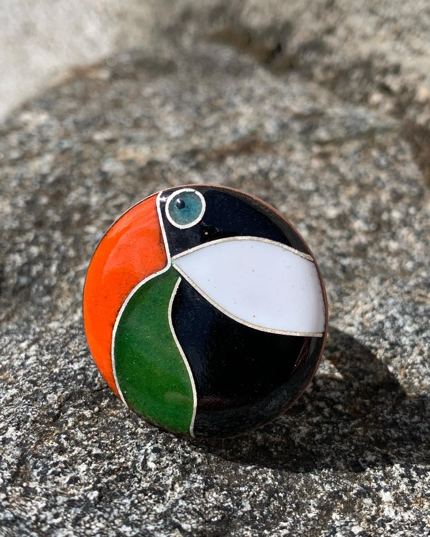 Bague Vintage émail Noir Et Blanc Sur Cuivre - Taille Ajustable - Occasion