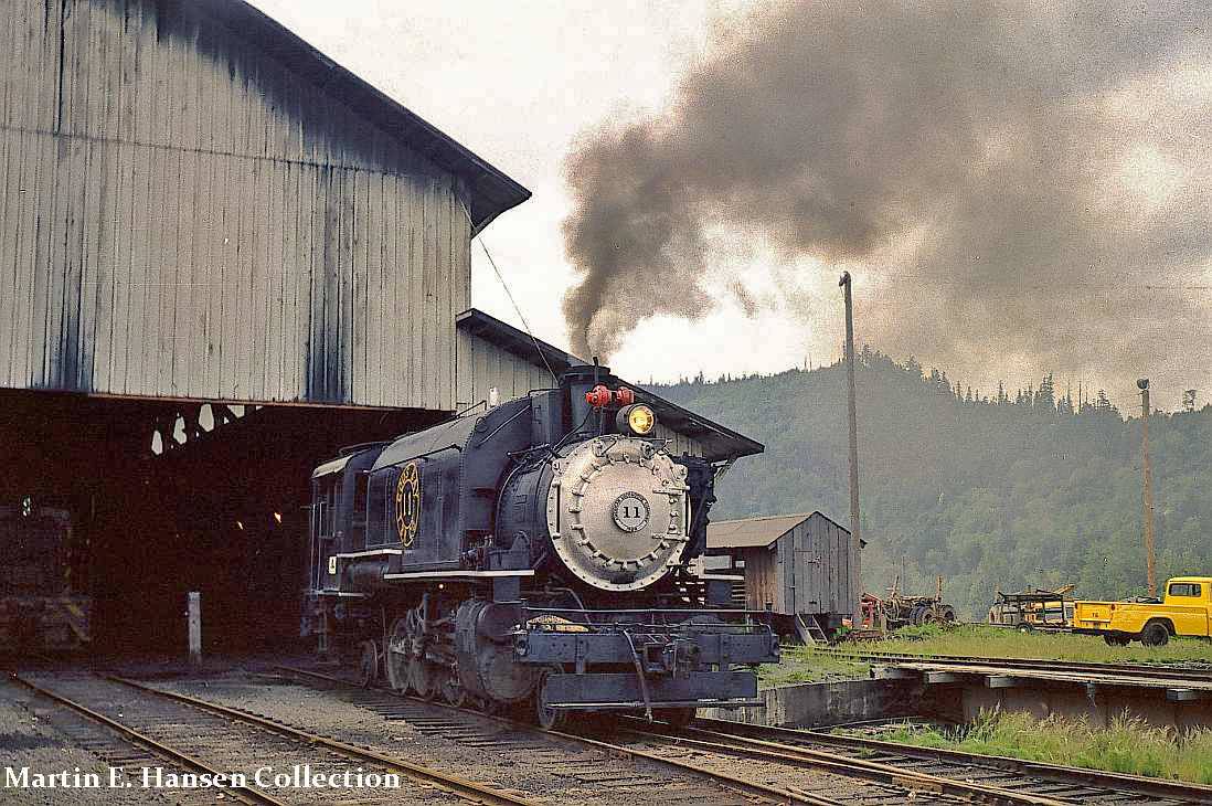 Coos Bay Lumber #11 warming up at the shops at Powers, Oregon in 1961.