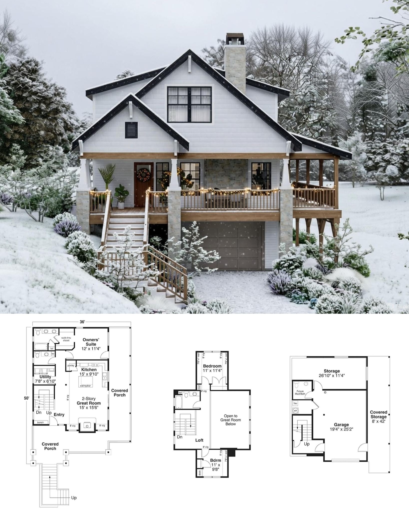 Jerry's - A charming modern farmhouse cottage in winter, elevated on a ...