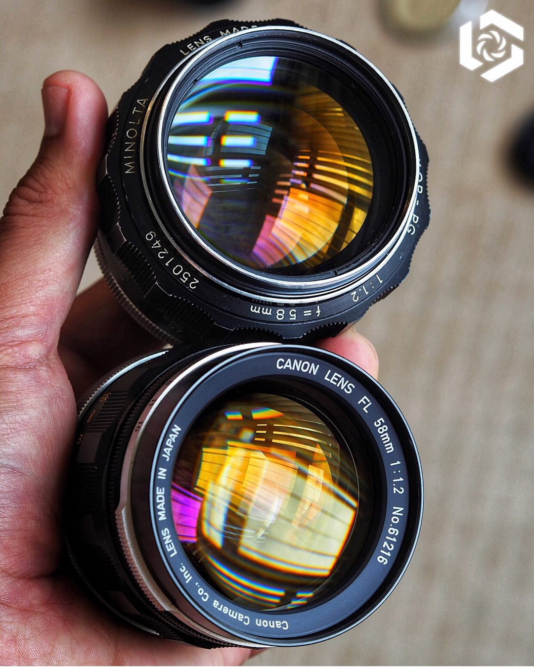 Comparing 58mm 1:1.2 lenses from Konica, Minolta, Nikon, and Canon