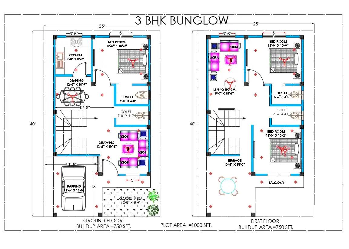 autocadfile.com - It’s a 3 BHK Bungalow plan 25'X40' plot...