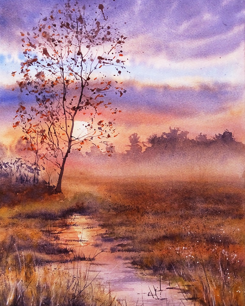 湖畔的森林。 Forest by the lake. Watercolour on paper. #水彩