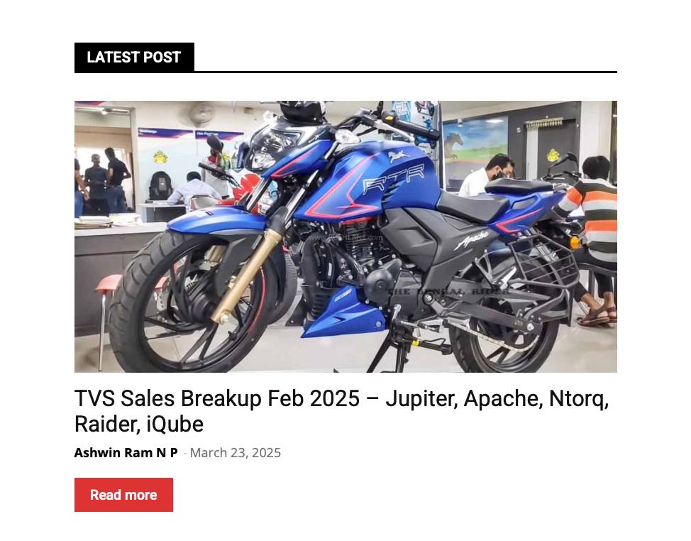 TVS Sales Breakup May 2025 - Jupiter, Apache, XL, Raider, iQube, Ntorq