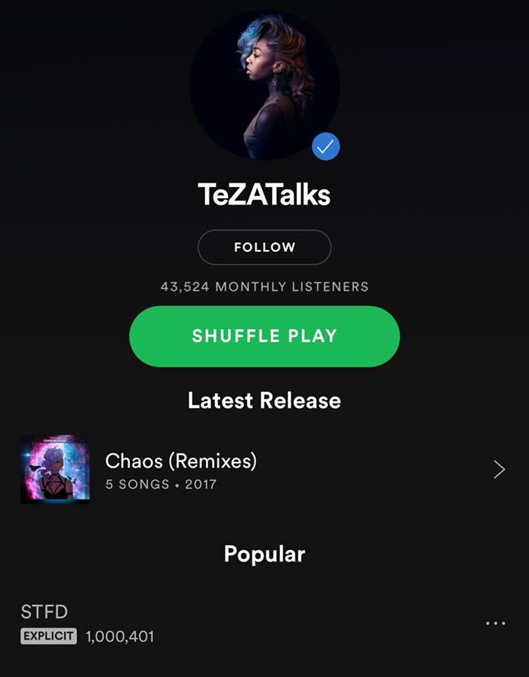 TeZATalks - Guys we hit our first 1,000,000+ on @Spotify for #STFD ...