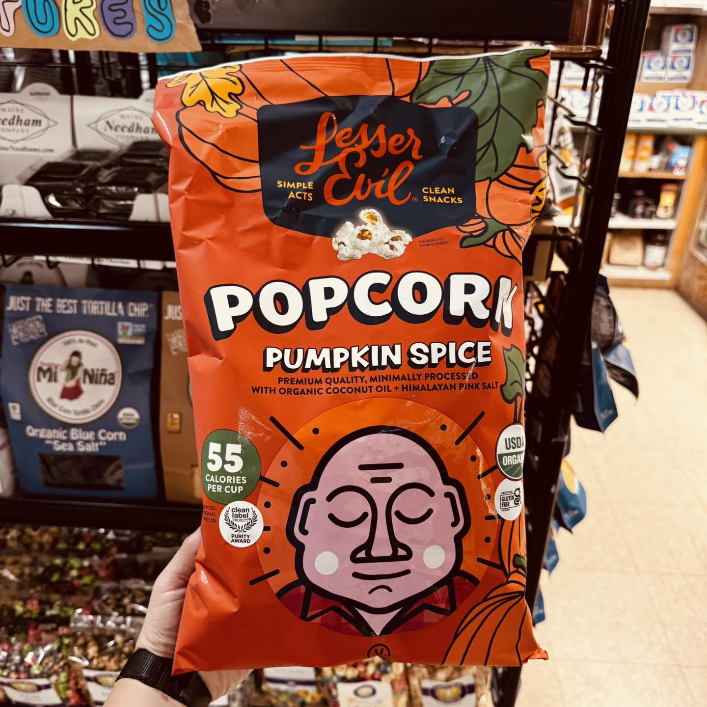 Lesser Evil pumpkin spice popcorn in Rockport, Maine