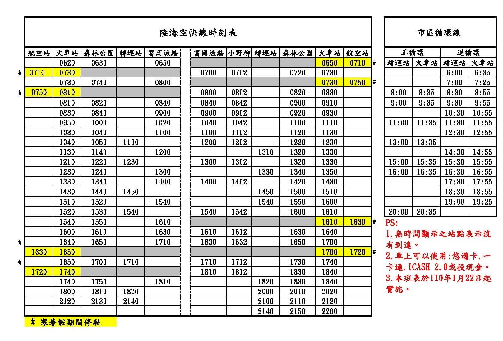 普悠瑪客運股份有限公司 新版臺東市區公車時刻表出爐囉 本版本時刻表實施日期為 110年1月22日開始喔 黃底 為寒暑假期間停駛 航空站