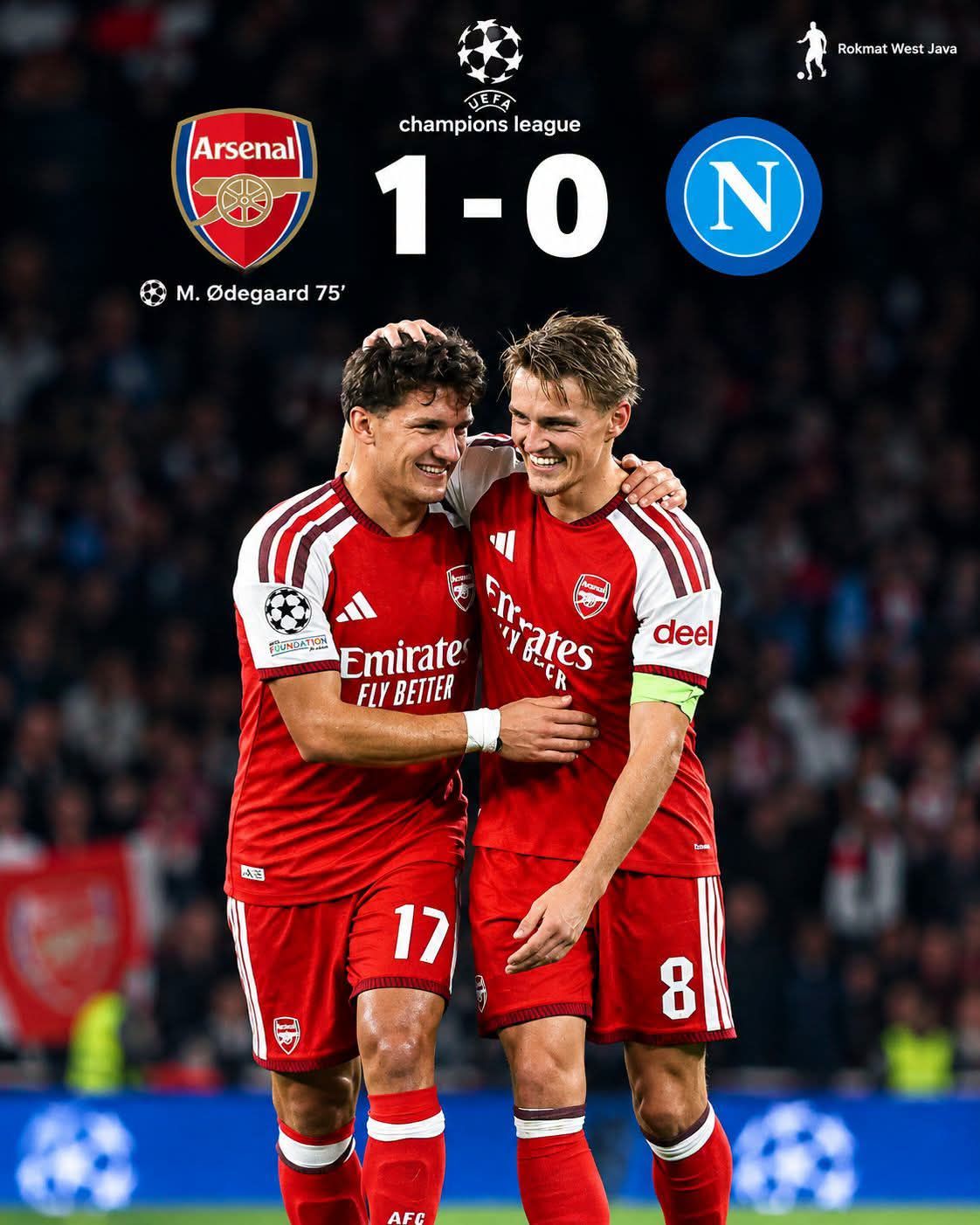 Arsenal beats Napoli 1-0 with Ødegaard's 75' goal