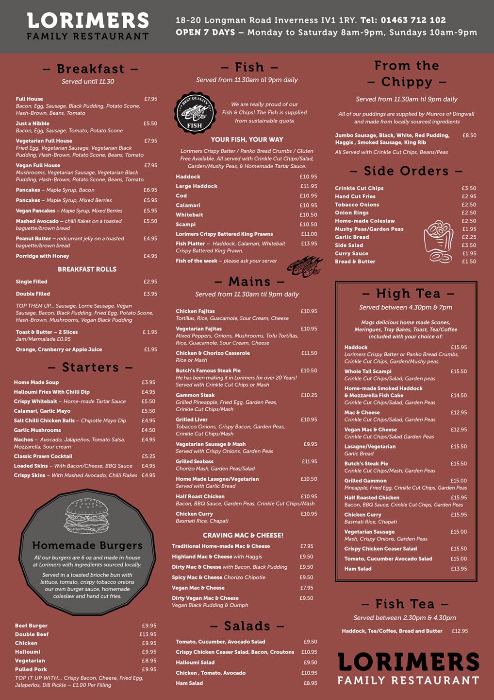 Lorimers Inverness Posts Inverness Menu, Prices