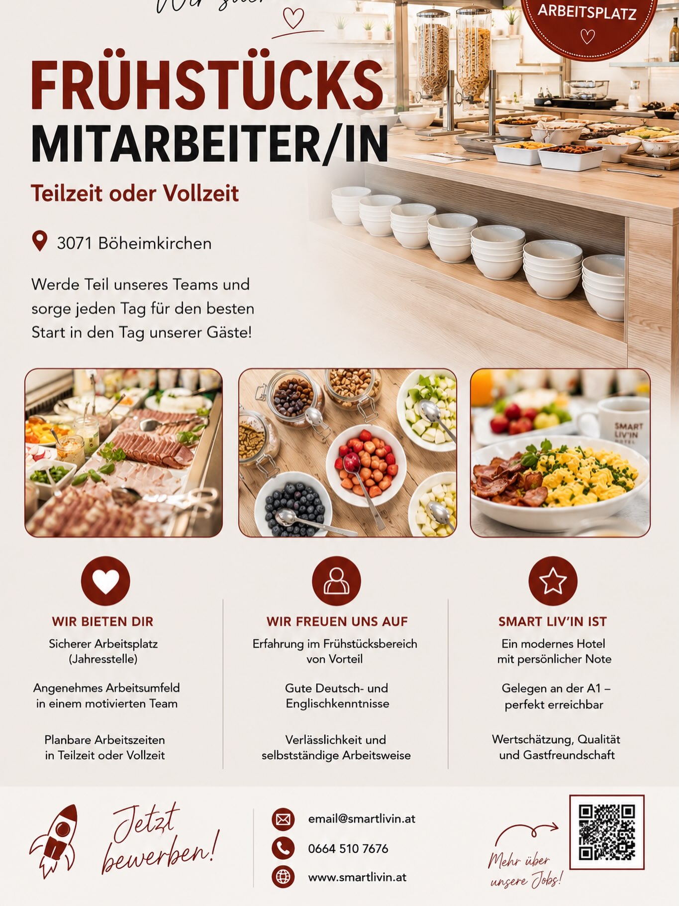 Wir suchen Verstärkung für unser Frühstücksteam! ☕🥐 Teilzeit oder Vollzeit · Jahresstelle 📍 Böheimkirchen Interesse? Wir freuen uns, von dir zu hören! 😊 📩 email@smartlivin.at 📞 0664 510 7676 #Böhe
