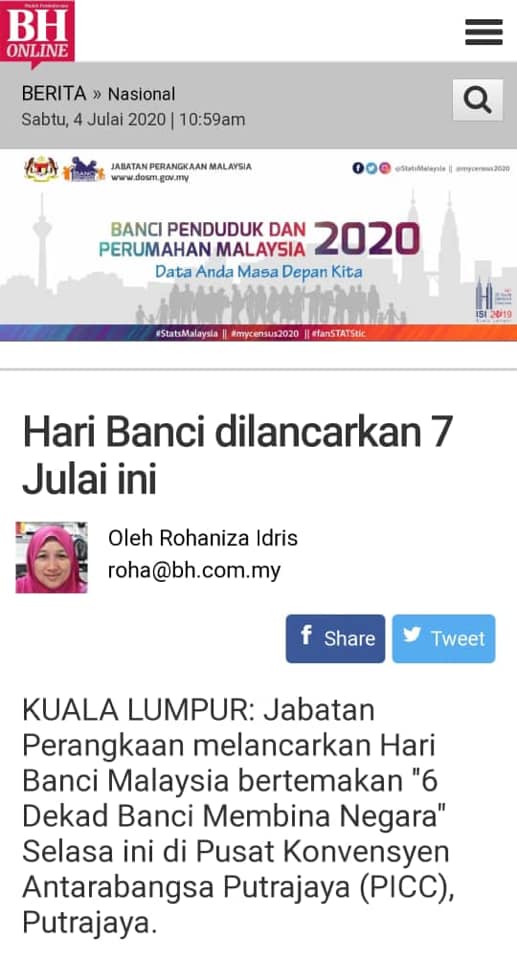 Mycensus2020 Https Www Bharian Com My Berita Nasional 2020 07 707197 Hari Banci Dilancarkan 7 Julai Ini Bancimalaysia Facebook