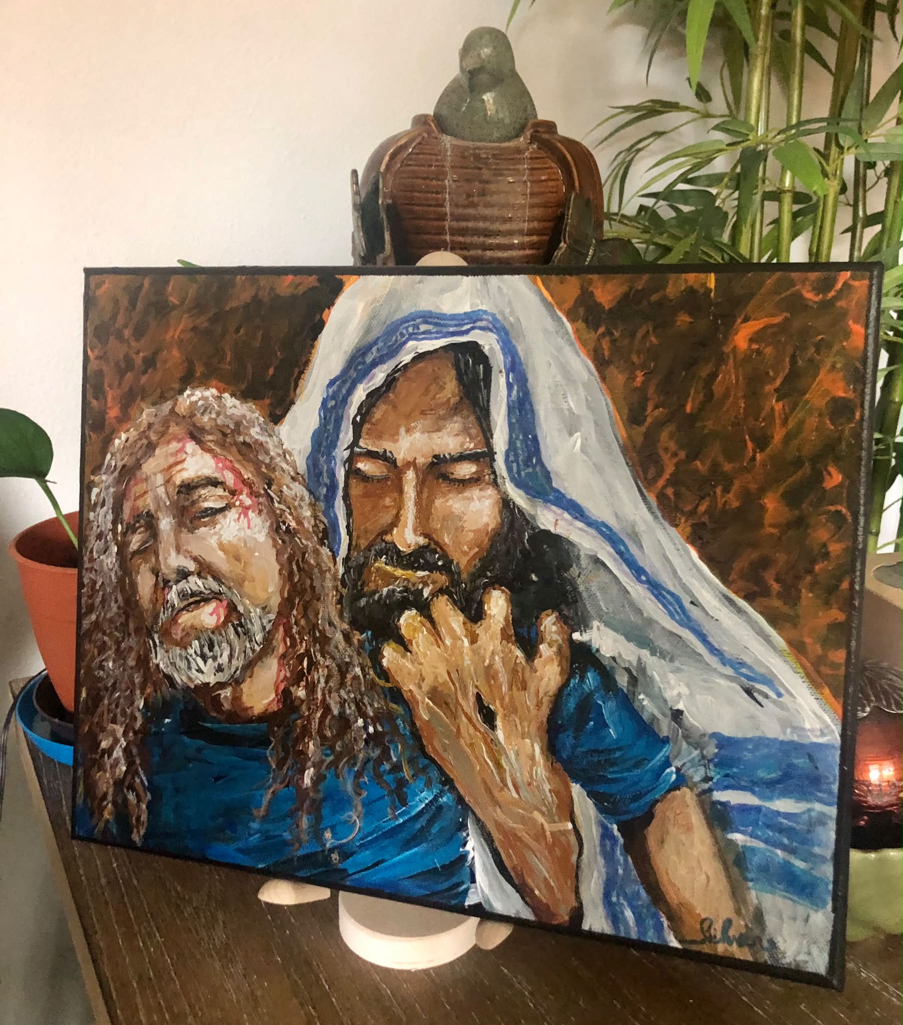 Adding blood and details to self-portrait and Christ's hair