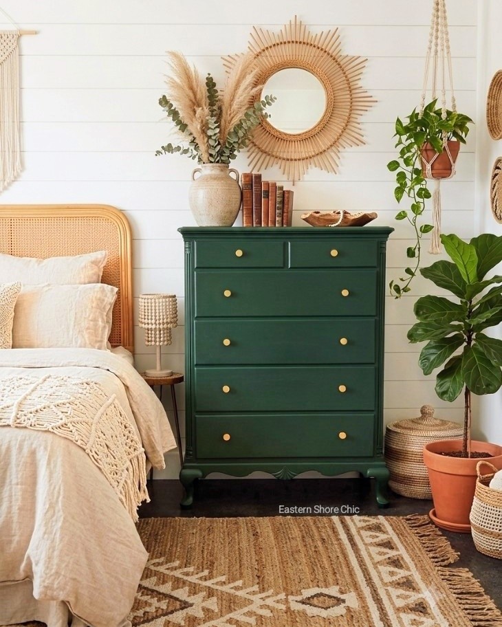 dark green dresser bedroom Eastern Shore Chic's refurbished tallboy with gold knobs Event Qipao