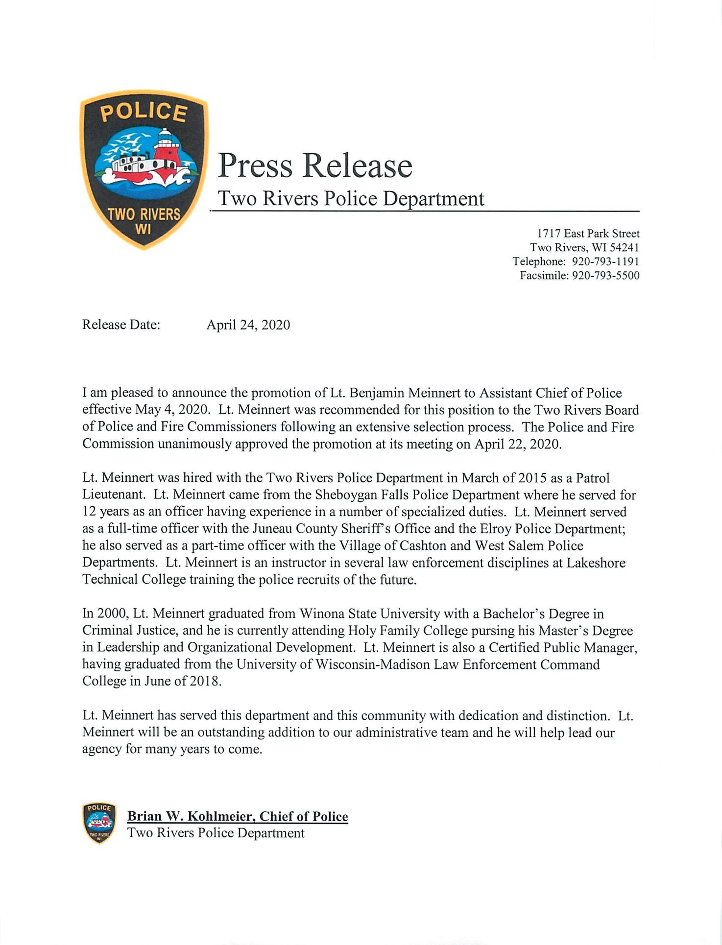 Congratulations to Assistant... - Two Rivers, WI, City Hall | Facebook
