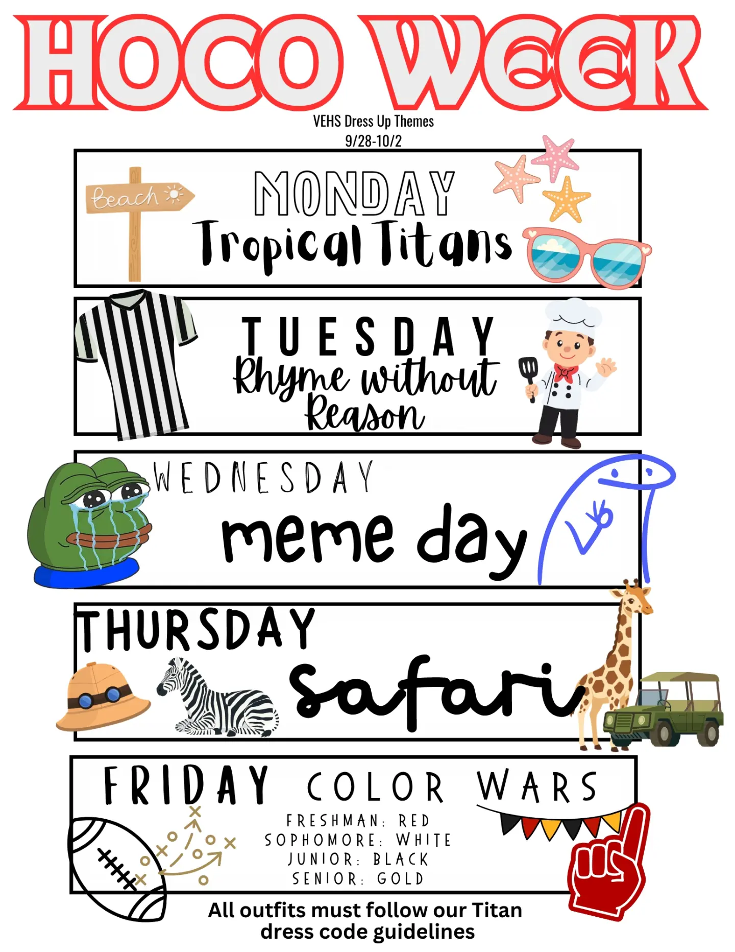 ✨ It's HERE! ✨ Homecoming is next week and here are the dress up days as voted on by your Student Council! Have fun, be creative, and be sure to follow dress