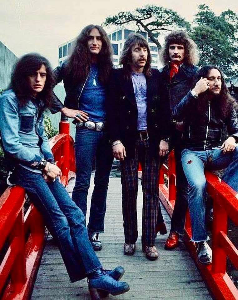 Uriah Heep in March 1973 at a hotel garden in Tokyo on their first