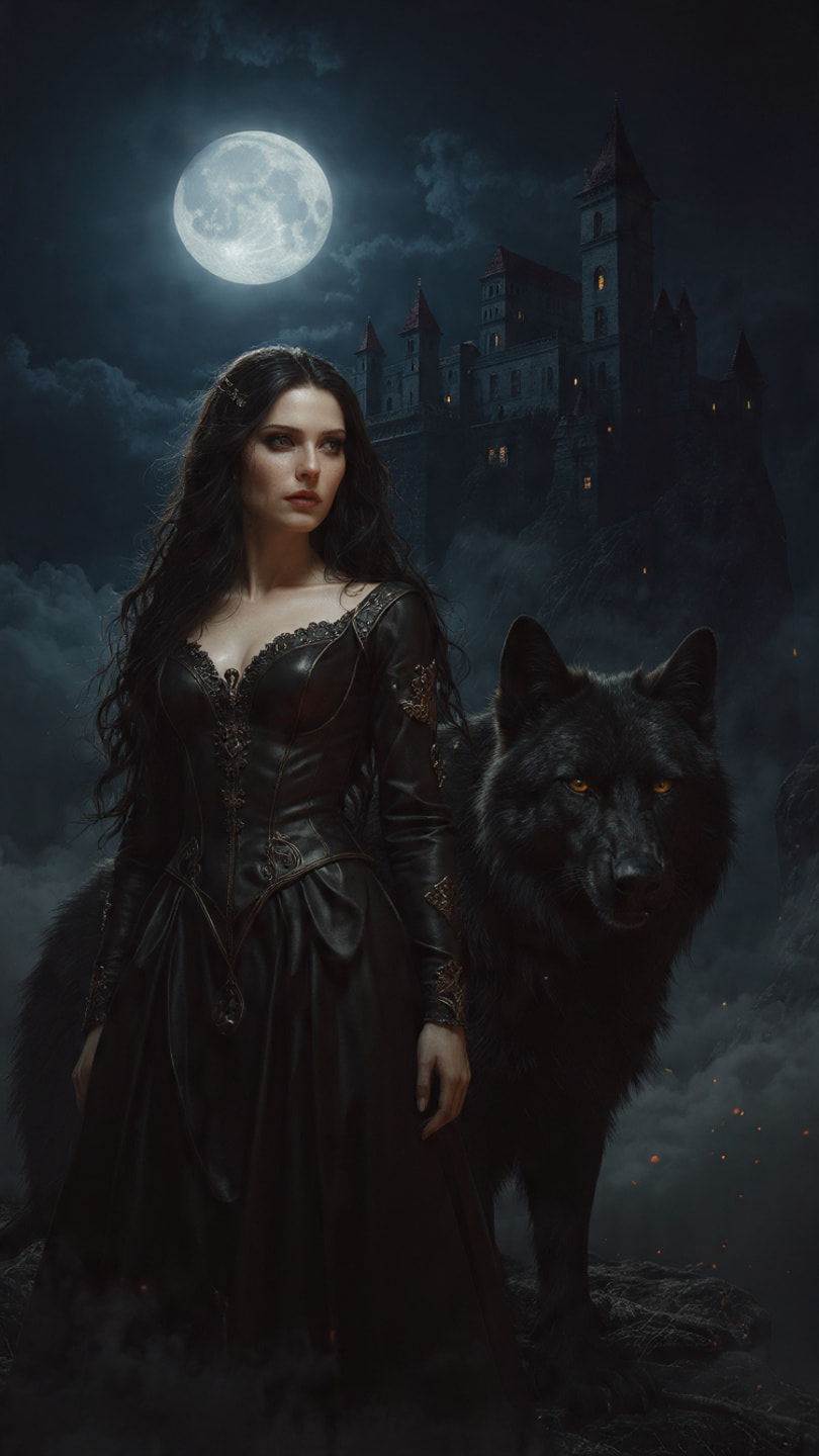 well dressed wolf lady in black Gothic woman dress with wolves in snowy forest naomi belfort wolf of wall street