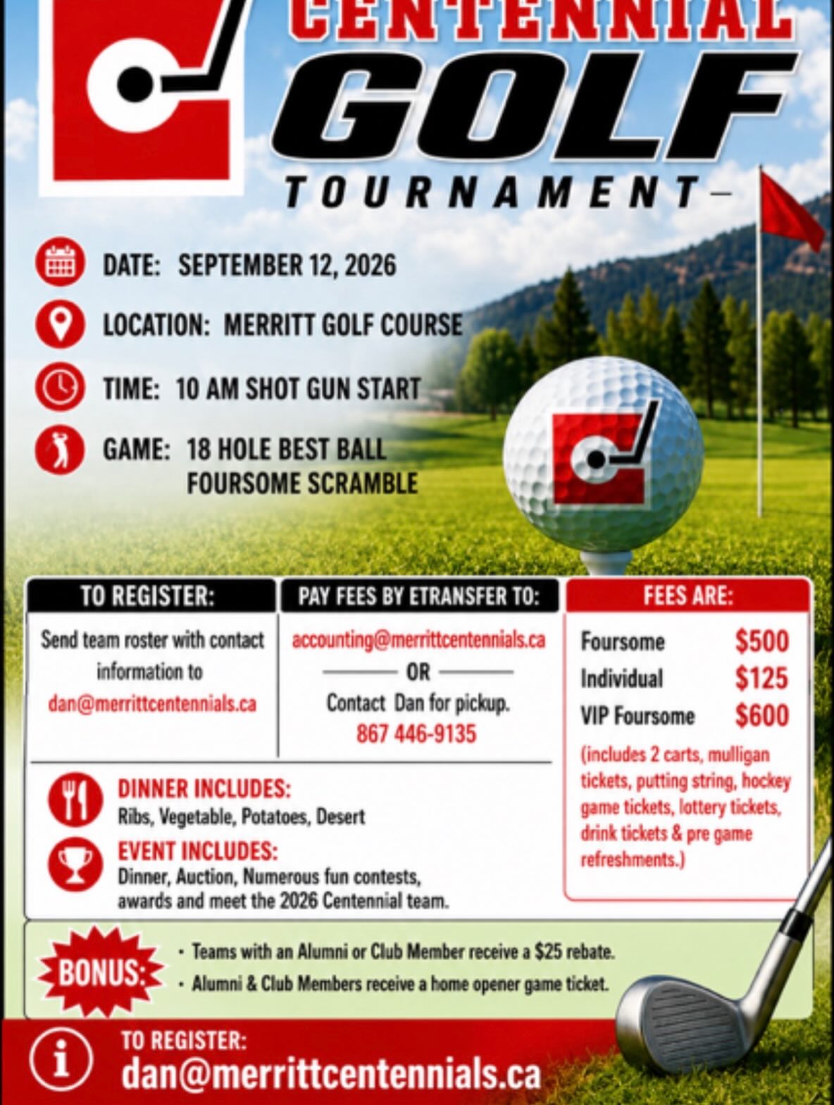 Merritt Centennials Golf Tournament on September 12th, 2026 at