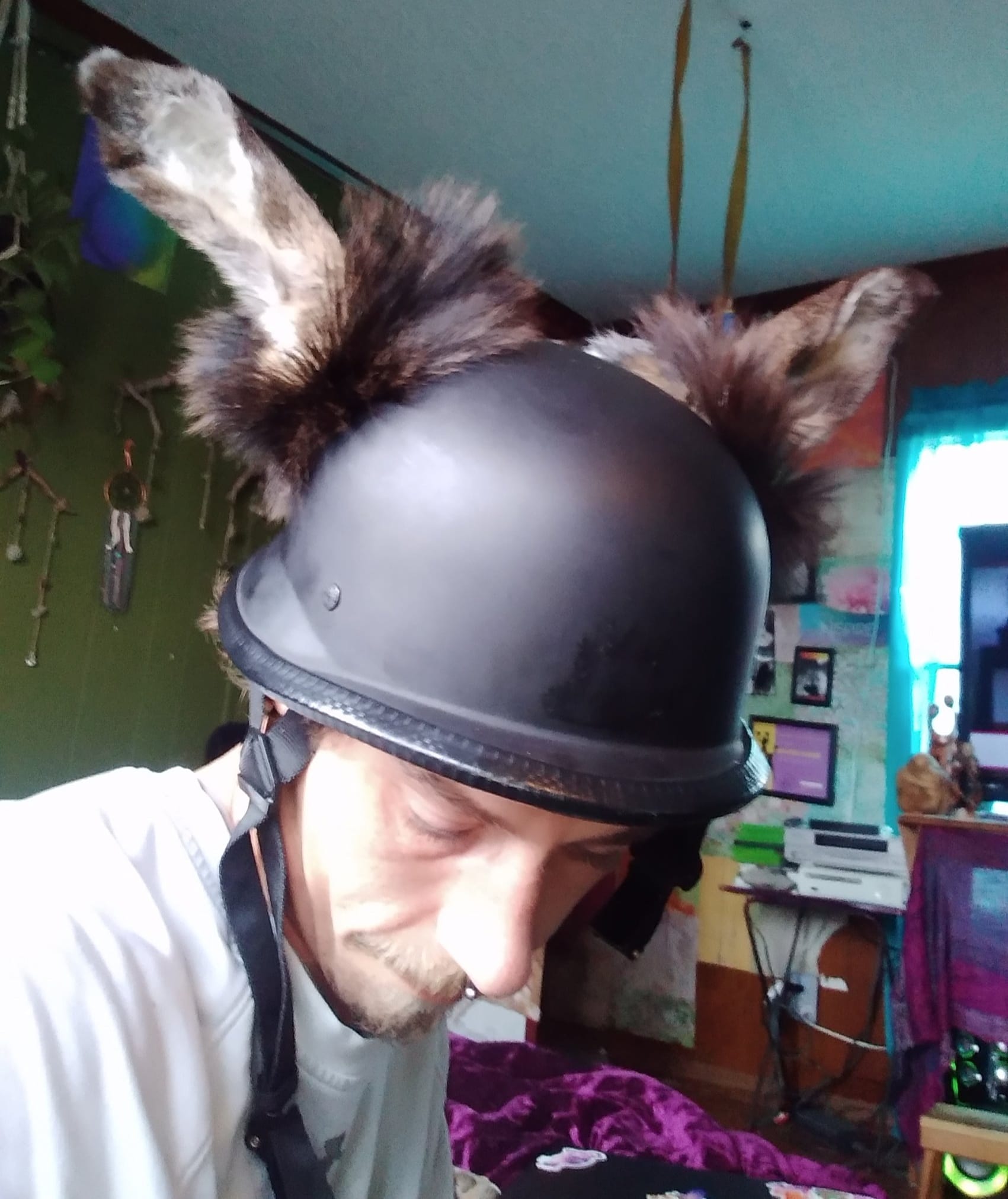 attach fur to motorcycle helmet Cover - Rainbow Long Your bunny motorcycle helmet cover will not only turn heads but will also protect your expensive lid from dust Motorcycle Helmet Cover - Rainbow