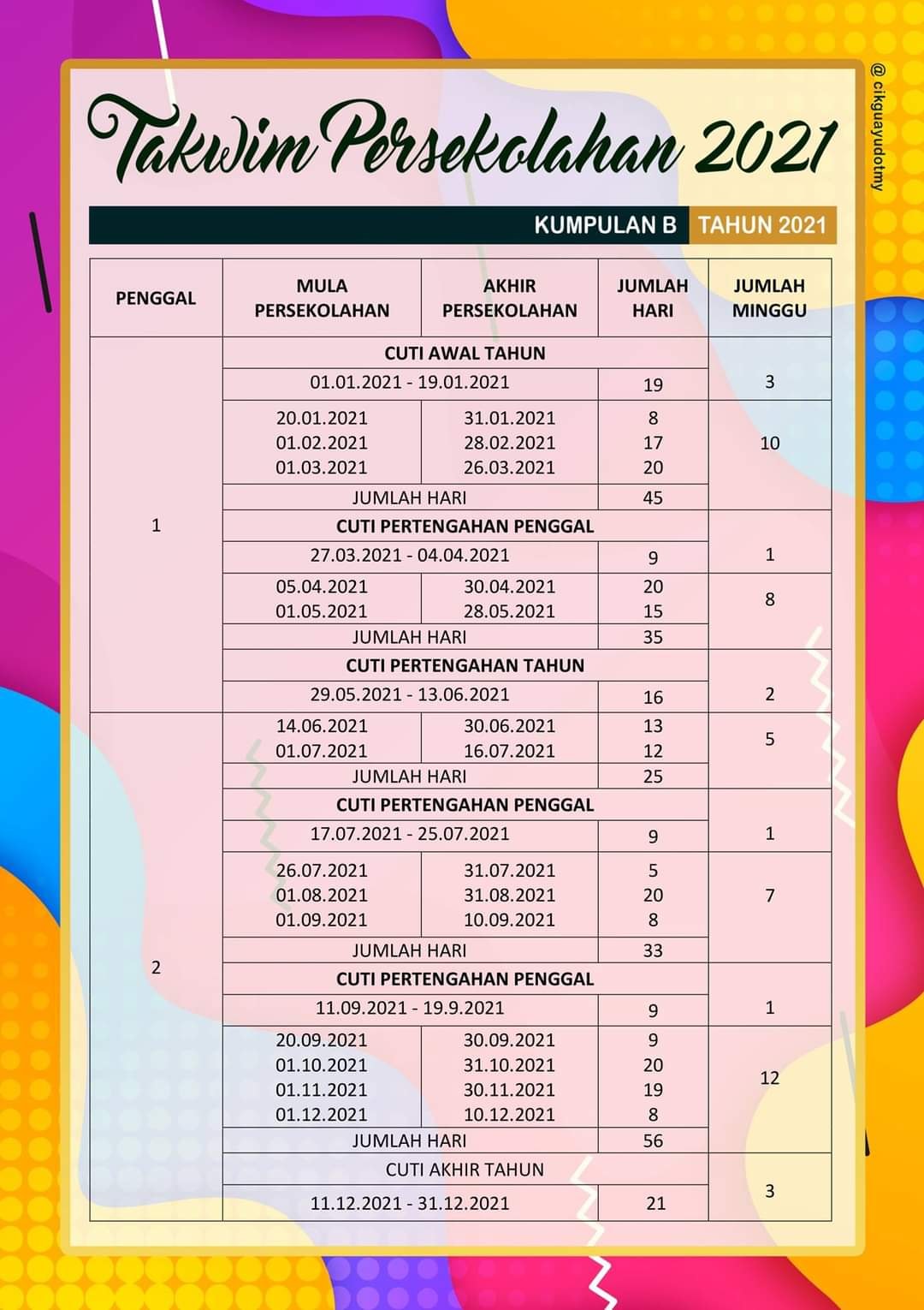 Takwim Persekolahan 2021 Sekolah Kebangsaan Felda Palong 4 Facebook