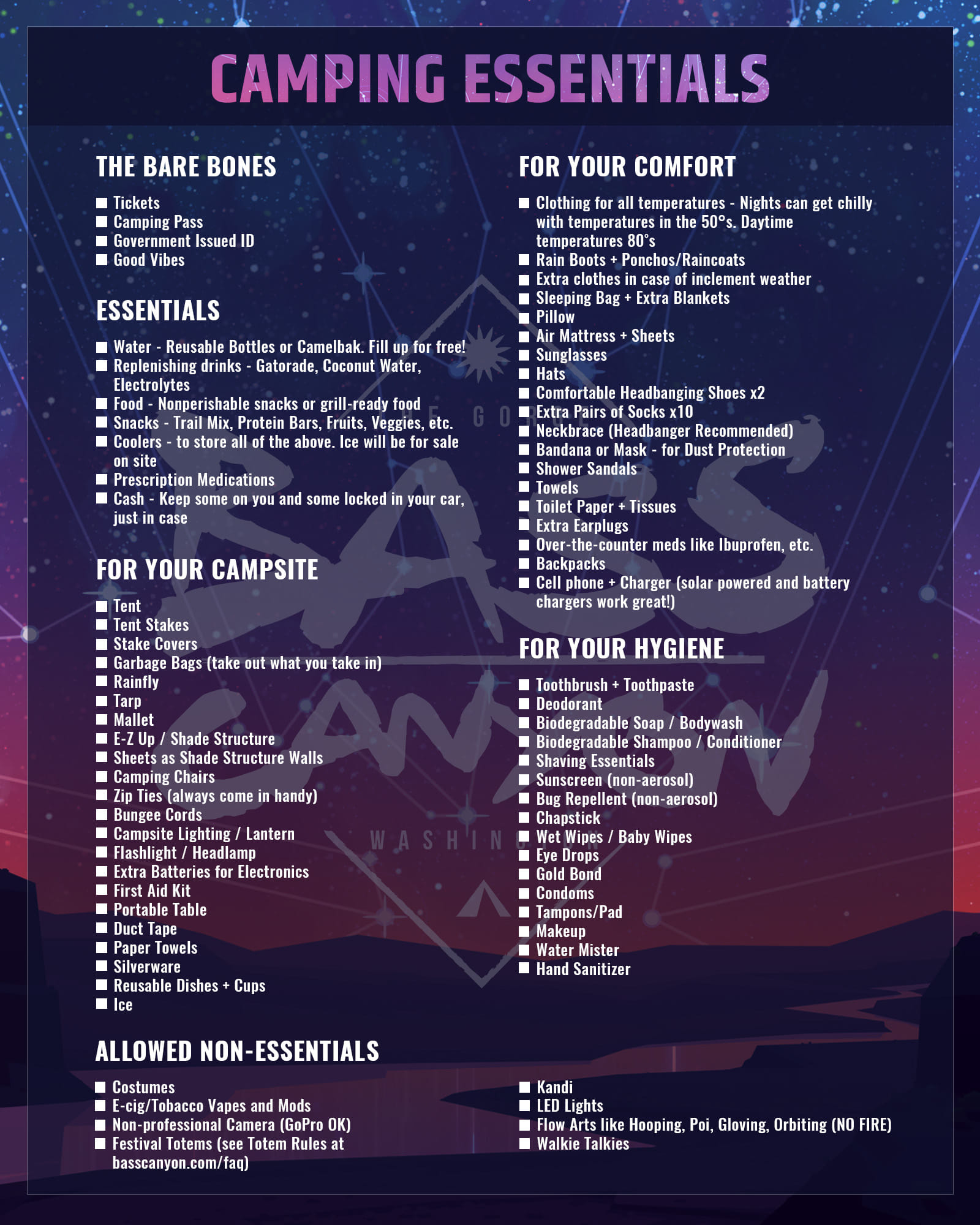 It's almost time to head to Bass Canyon so we made a packing list just for  you headbangers! Whether you're a festival veteran or this is your first  time camping, it always