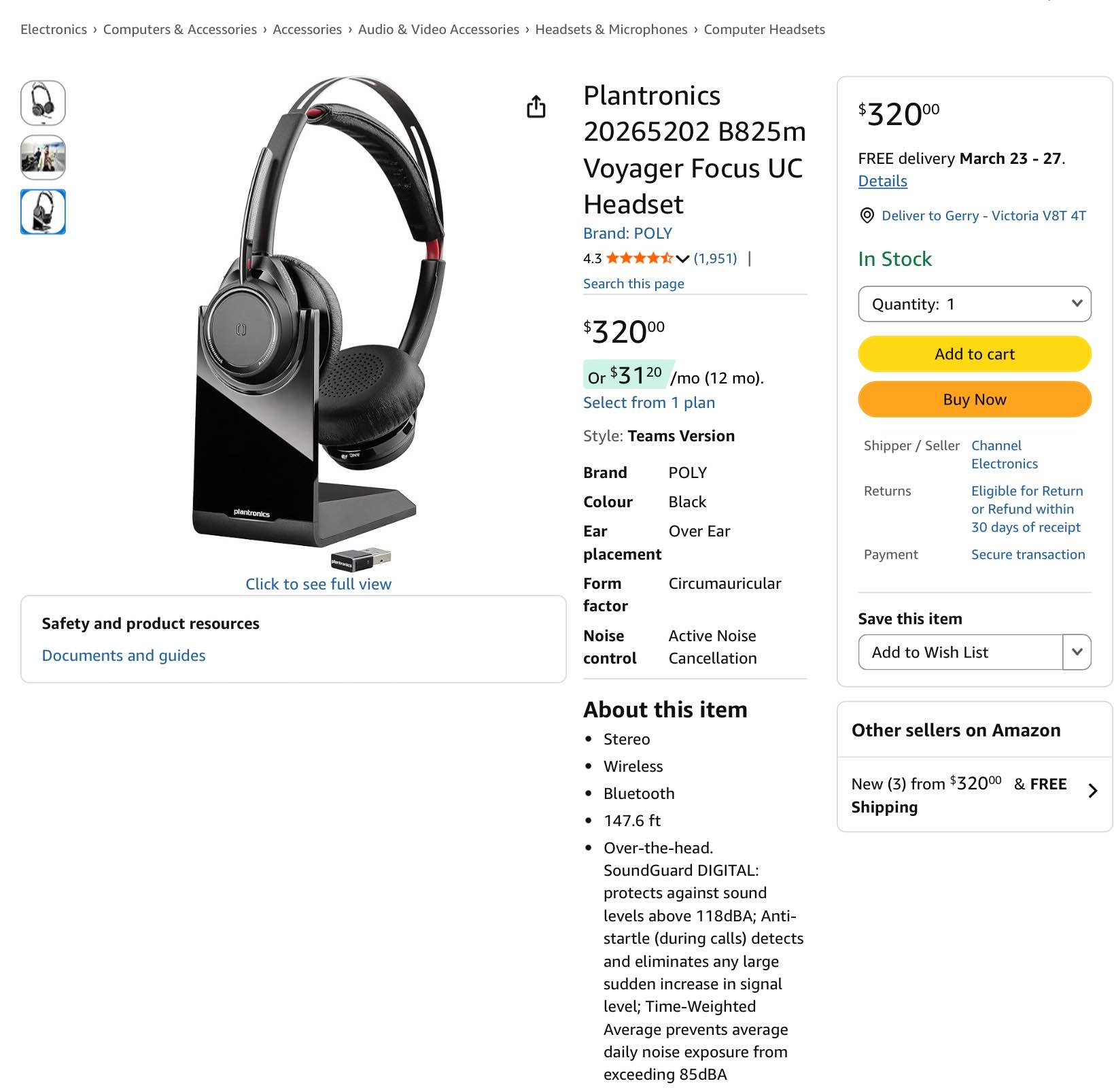Plantronics Voyager Focus B825 UC Bluetooth Headset Audífonos Con Canc De Ruido
