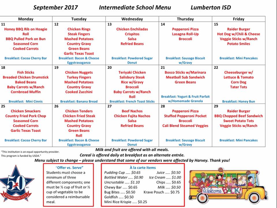 Lumberton Intermediate School - LIS Menu - ALL students can eat ...