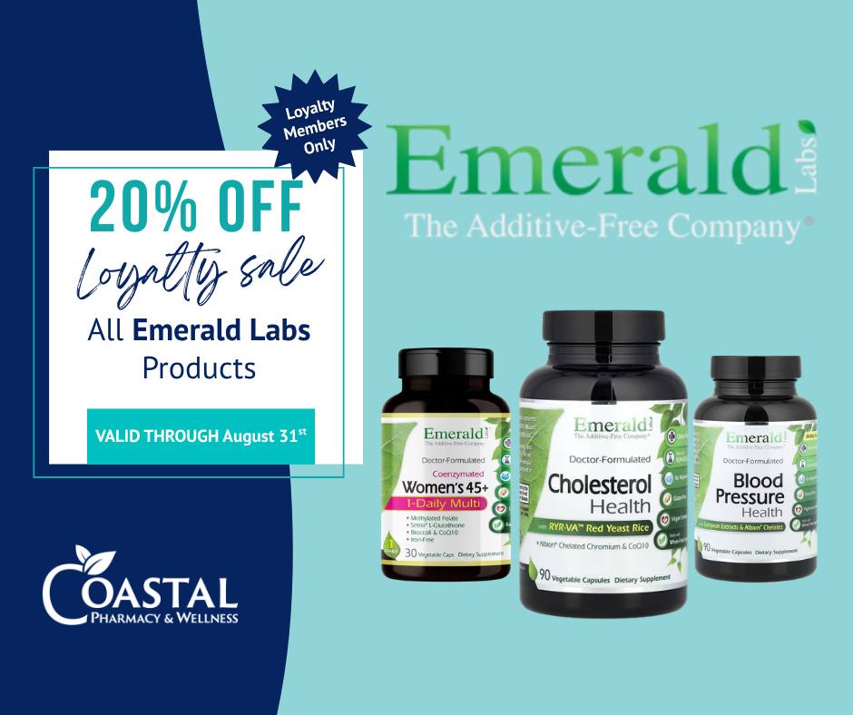 Our Loyalty Sale starts TODAY August 1st. Enjoy 20% off all Emerald Labs products for the entire month. Emerald Labs is a line we trust for clean, well-formulated supplements, third-party tested and