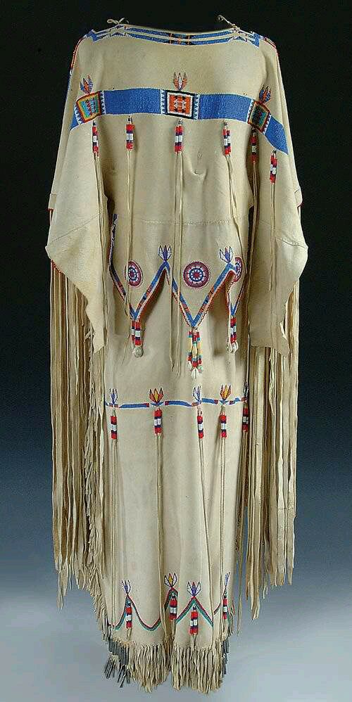 beaded buckskin dress This was created in the 1890's in styles of Cheyenne, Lakota and Kiowa. The Indian Museum of North America at Crazy Horse Memorial is where it can be seen Native american dress