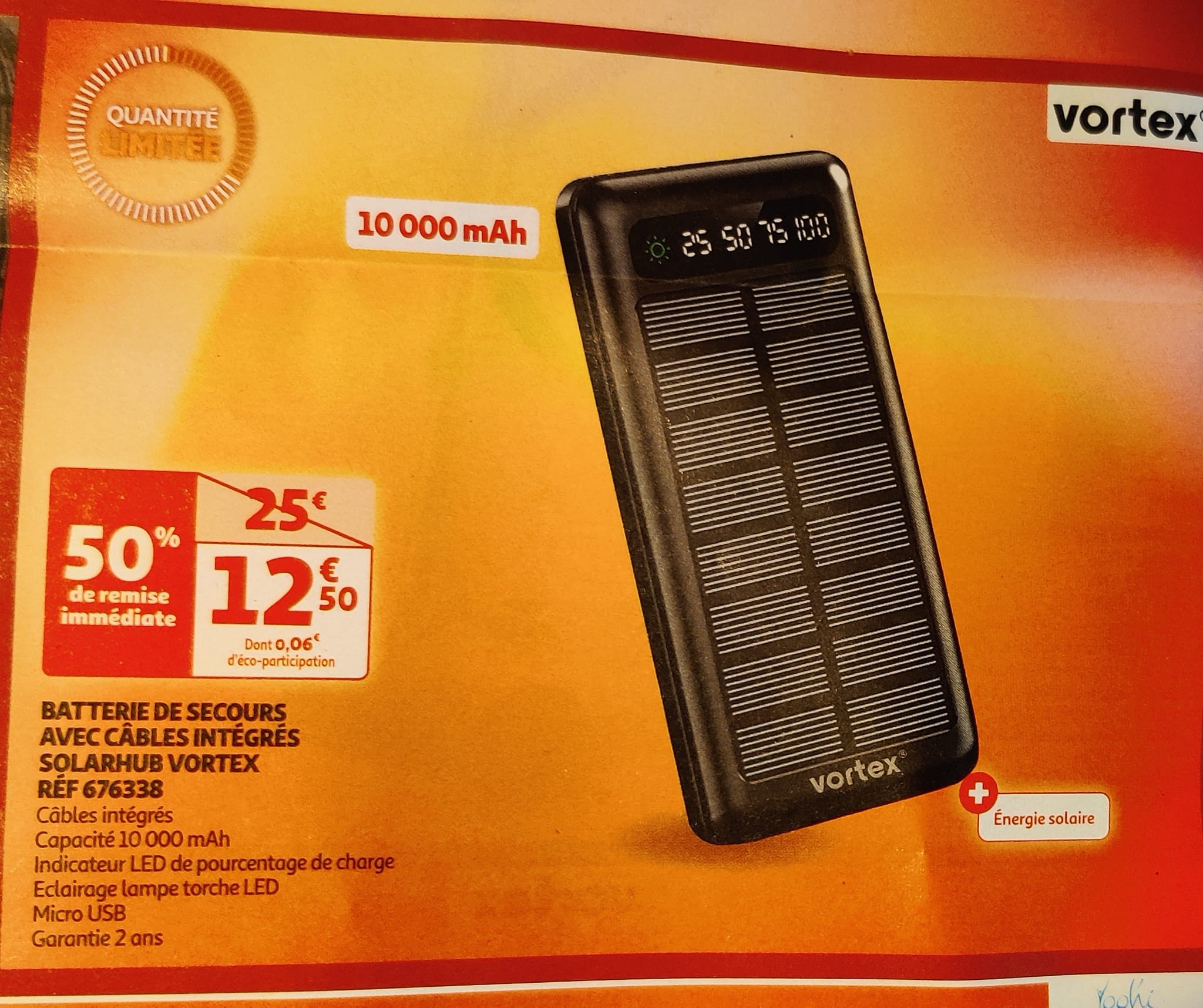 Batterie Solaire Externe 4000 MAh Revolt – Powerbank Avec Panneau Solaire, 2 Ports USB & Lampe LED SOS