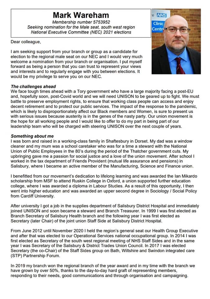 Mark Wareham for the Unison NEC