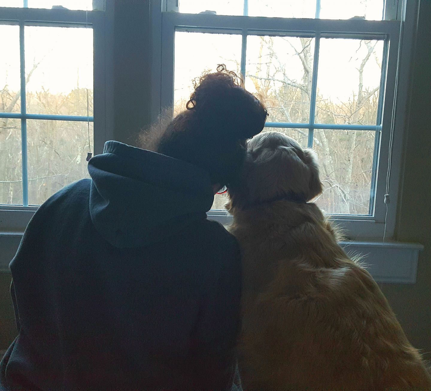 Penny - Mom and I having our morning cuddles and watching the deer run ...